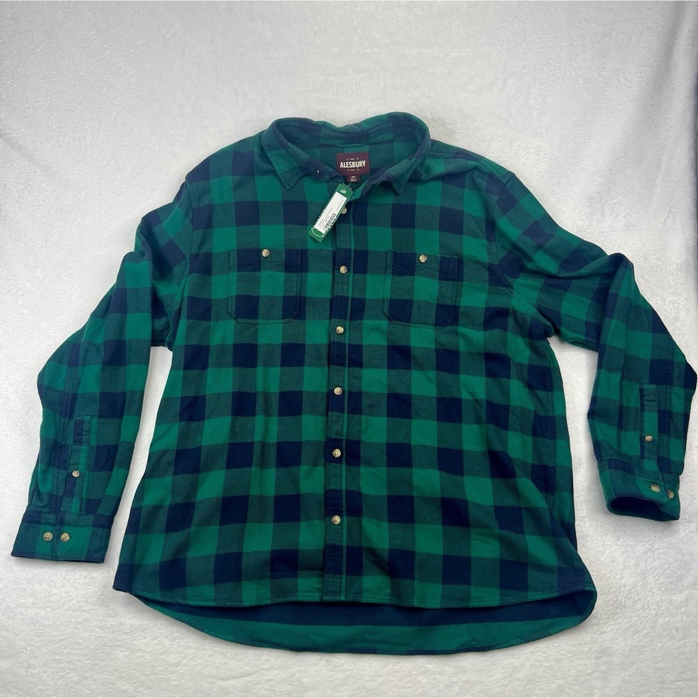 ALESBURY Men's (Sz 2XL)‎ Green Navy Plaid Flannel Button Front Shirt 100% Cotton